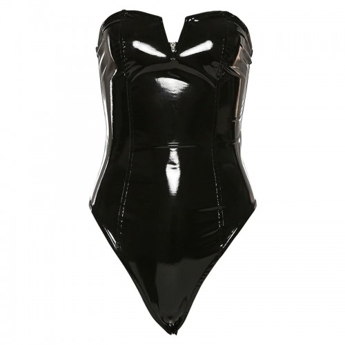 Yimunancy PU Leather Sexy Bodysuit Women Strapless V Shape Bodycon ...