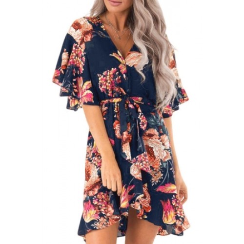 Apricot Floral Print V Neck Wrap Dress with Ruffle Sleeves (Apricot ...