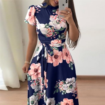 Casual Short Sleeve Long Dress Boho Floral Print Maxi Dress Turtleneck ...