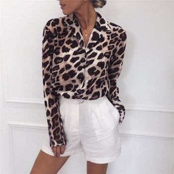 Long Sleeve Sexy Leopard Print Blouse Turn Down Collar Top Brown GRAY ...