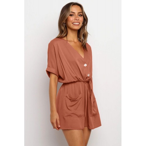 Army Green V Neck Tunic Romper with Pockets Rust Black (Army Green V ...