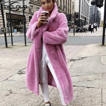 2020 Pink Long Teddy Bear Jacket Coat Women Winter Thick Warm Oversized ...