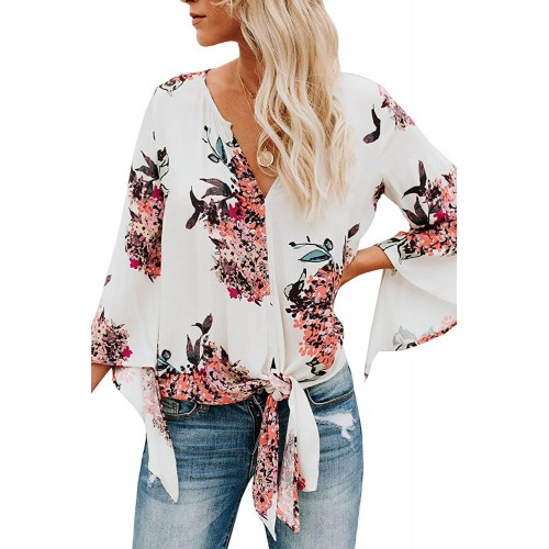 White V Neck Flared Sleeve Floral Blouse Orange Pink (White V Neck ...