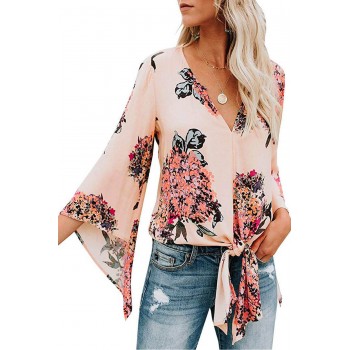 White V Neck Flared Sleeve Floral Blouse Orange Pink (White V Neck ...