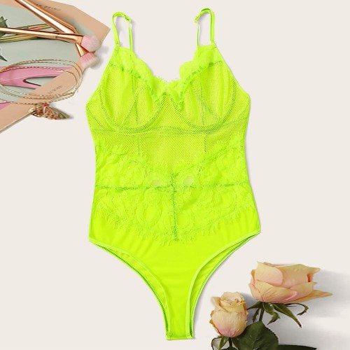 Green Lace Bodysuit Women Floral Embroidery Bow Tie Transparent Sexy ...