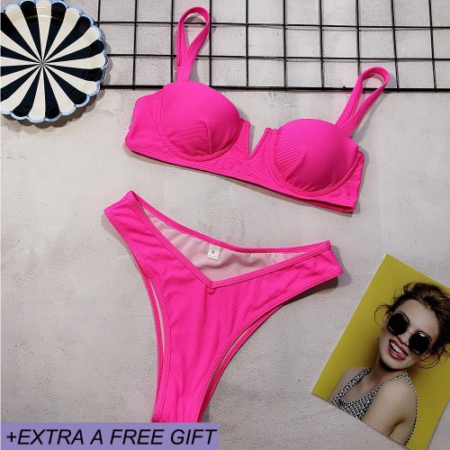 New High Waist Thong Bikini Set Swimwear Sexy Fluorescent Orange Split ...