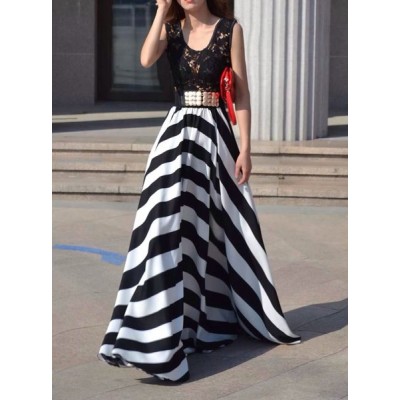 Hollow Out Design Striped Sleeveless Scoop Neck Floor-Length Dress For ...