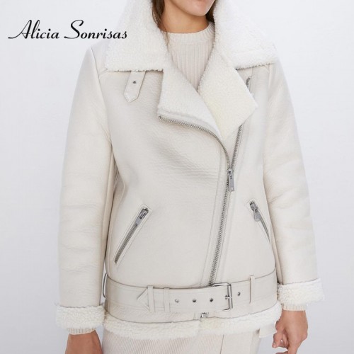 White Women Short PU Leather Jackets Coat 2023 Autumn Fashion Faux Fur Hole  Splicing Zipper Ladies Skinny Locomotive Small Coats