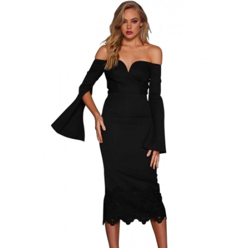 Black Split Bell Sleeve Off Shoulder Midi Dress White (Black Split Bell ...