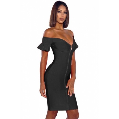 Black Off Shoulder Flared Sleeve Front Zip Bandage Dress Red (Black Off ...