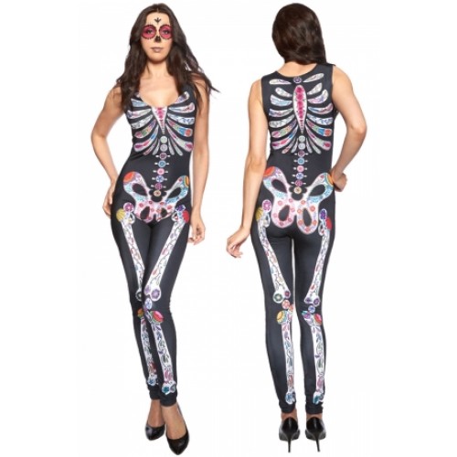 Sugar Skull Adult Womens Halloween Catsuit Costume (Sugar Skull Adult ...