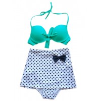 High Waisted Vintage Halterneck Bow Polka Dot Print Bikini Swimsuit For Women